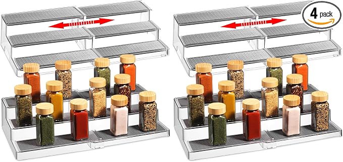 Oizeir Expandable Spice Rack Organizer for Cabinet (4 Pack), 3-Tier Clear Tiered Shelf, Non-Slip Adjustable Spice Cabinet Organizer for Kitchen Pantry, Medicine, Seasoning & Bottle Storage by Oizeir