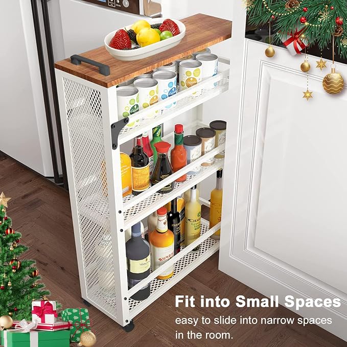 3-Tier Rolling Cart Slim - White Laundry Bathroom Kitchen | Steel Frame, Mesh Baskets, for Small Spaces, 110 lb Capacity, 4 Wheels 2 Lockable, Utility Storage Snack Coffee Craft - Image 2