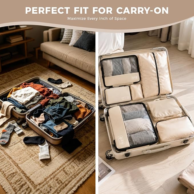 8-Piece Compression Packing Cubes for Travel, Luggage Organizer Sets | Ultralight Aesthetic Packing Cubes with Space Save & Double Zipper for Carry-On & Suitcase, Travel Essentials- Beige - Image 5