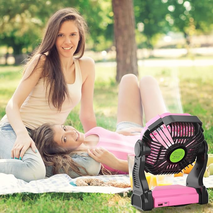 Portable Fan Rechargeable Camping Tent Fan Rechargeable Essentials | 20000mAh Cordless Battery Powered Operated Fan Camping Fan with Light, USB Rechargeable Desk Fan Portable for Travel X23 Pink - Image 7