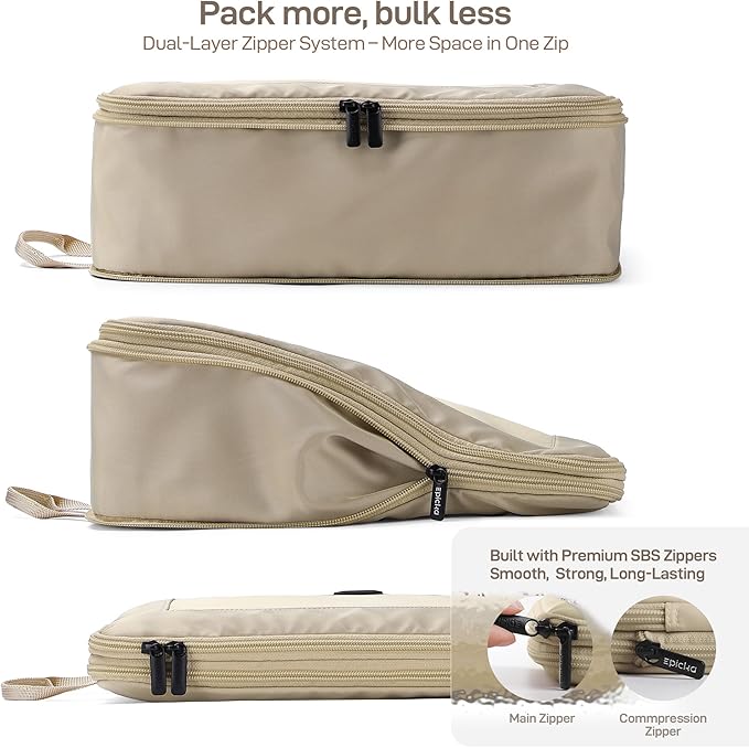 EPICKA TripCozy Compression Packing Cubes, 4 Set, Khaki | Durable Expandable Travel Organizer Bags with Mesh Tops for Space-Saving Storage of Clothes & Accessories in Luggage - Image 2