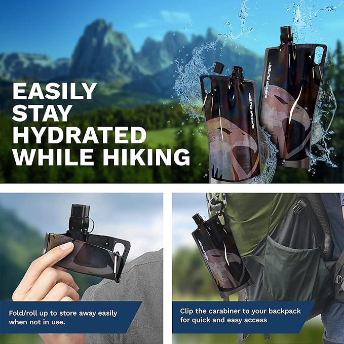 Survivor Filter Clear Collapsible Water Bottles - Travel, Hiking, Foldable, BPA-Free - 2 x - Image 3