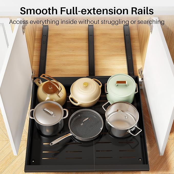 Pull out Cabinet Organizer, 1-Pack Expandable(13.6"-24") Silde out Drawers with Raising Pad for Framed Cabinets, Adjustable Full-Extension Adhesive Roll out Shelves for Kitchen Pantry Home Pot and Pan - Image 5