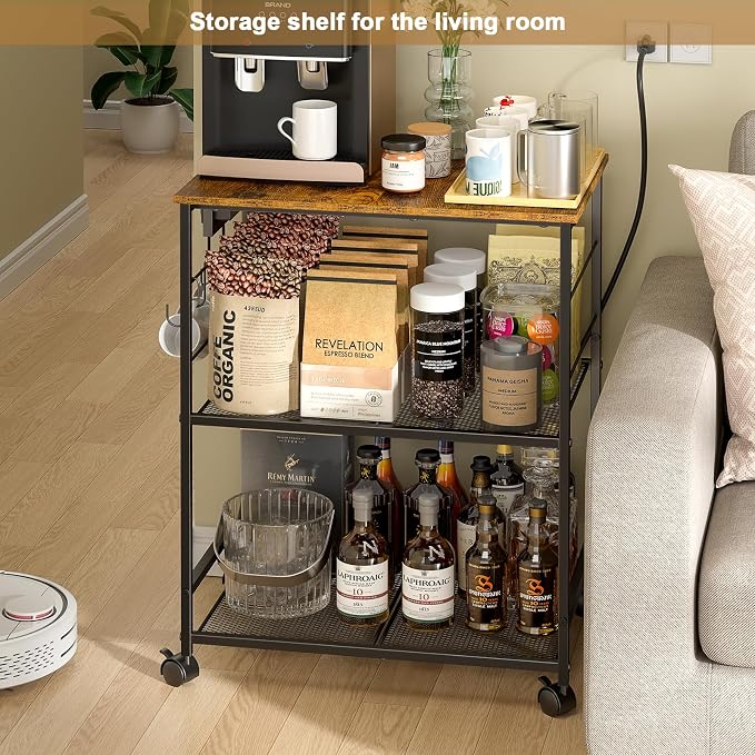 ThreeHio Rolling Kitchen Microwave Cart with Power Outlet, 3 Tier Microwave Table Stand with Storage, Kitchen Utility Cart on Wheels, Small Coffee Cart Shelf Rack Organizer for Living Room Office - Image 4
