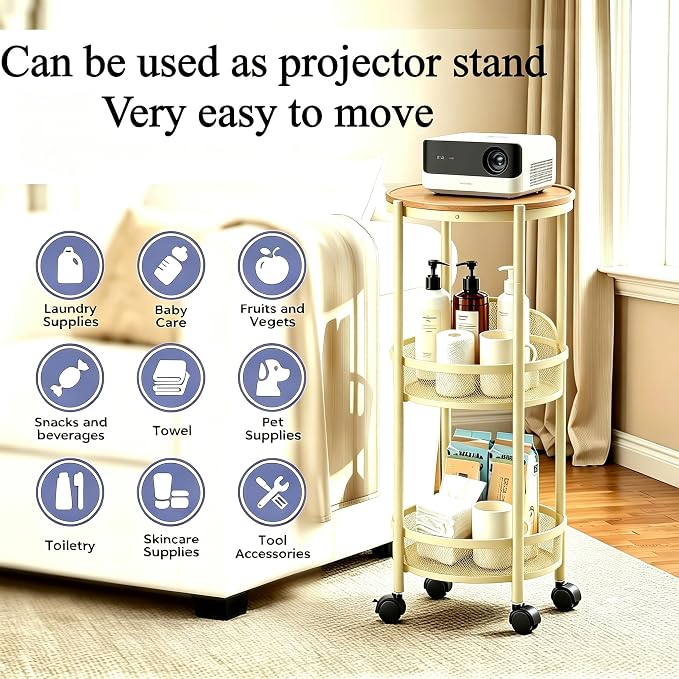 3-Tier Foldable Rolling Cart, Collapsible Metal Utility Cart with Wheels, Assembly-Free, Round Storage Organizer Trolley for Kitchen, Bathroom, Dorm, Nursery-Light Yellow - Image 3