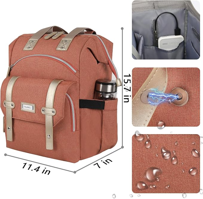 FALANKO Laptop Backpack for Women,15.6 inch Teacher Nurse School Waterproof Backpack,Large Womens Computer Backpack with Laptop Compartment,RFID Anti Theft Shoulder Orange Bags - Image 3