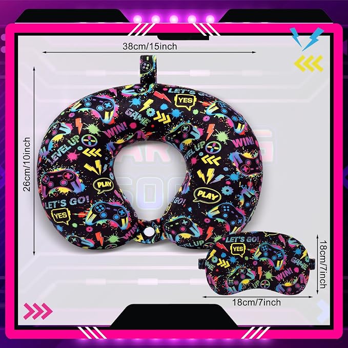 Gilprop 4 Pcs Game Travel Pillow with Sleep Eye Mask, U Shaped Memory Foam Headrest & Neck Pillow with Washable Cover, Soft Neck Head Support Travel Accessories for Airplane Car Train Bus Trips - Image 4