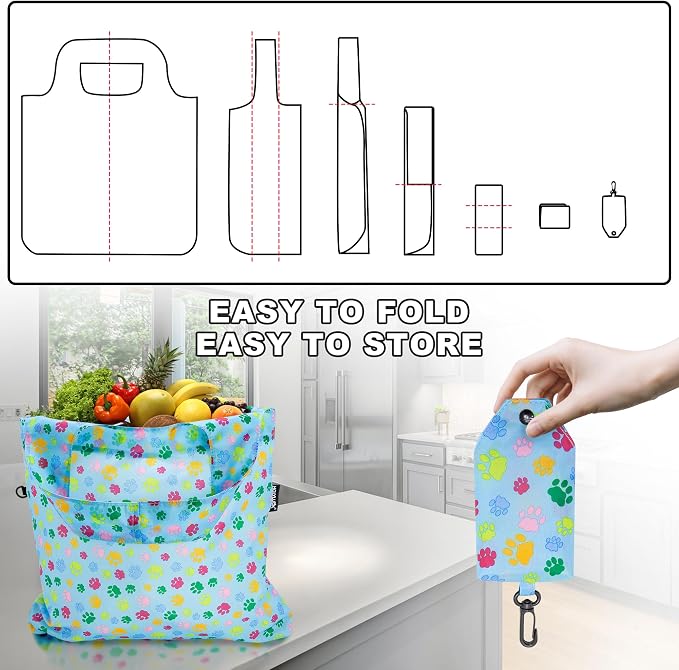 HOLYLUCK Reusable Grocery Bags,Heavy Duty Foldable Shopping Tote Bag (Standard, Multi Dog Paw Prints) - Image 6