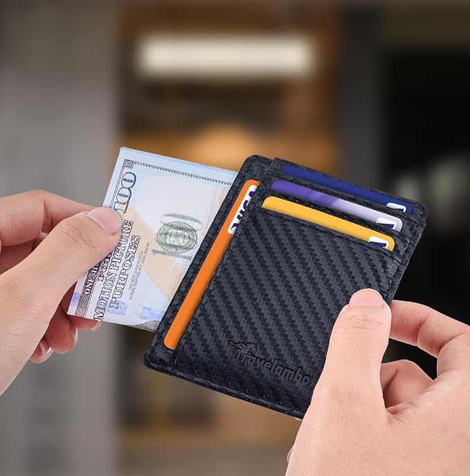 Travelambo Slim Wallet Front Pocket Minimalist Leather RFID Blocking Medium Size (Carbon Fiber Black) - Image 3