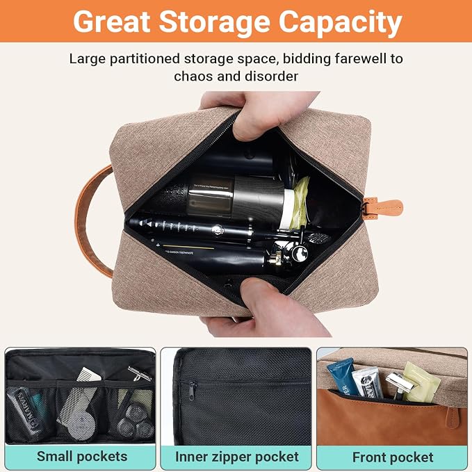 Elviros Travel Toiletry Bag for Men, Hanging Toiletries Bag Water Repellent Dopp Kit PU Leather Travel Bag for Toiletries Accessories, Khaki - Image 2