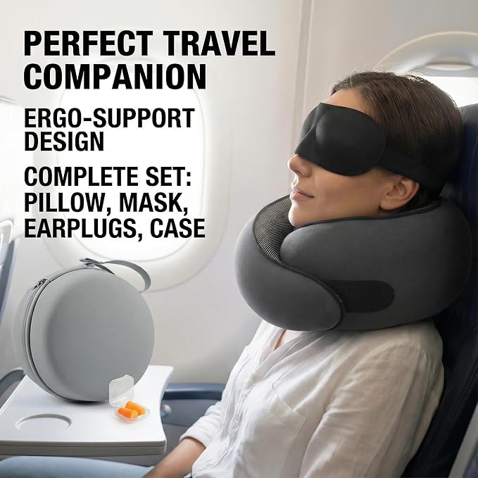 Travel Neck Pillow with Memory Foam & Chin Support – Includes Cute Macaron EVA Water-Resistant Carry Case, Eye Mask & Ear Plugs (Dark Grey) - Image 5