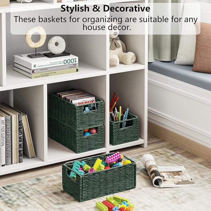 Wicker Storage Basket, Set of 2 Hand-Woven Paper Rope Wicker Basket, Small Storage Baskets for Organizing Toilet Paper, Foldable Small Cube Organizer Bins for Shelves and Bathroom (Green) - Image 7