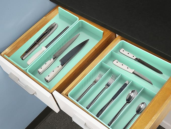Simple Houseware Expandable Kitchen Drawer Flatware Organizer, Turquoise | Expandable & Adjustable Cutlery Drawer Organizer - Large Utensil and Flatware Tray for Kitchen Drawers - Image 7
