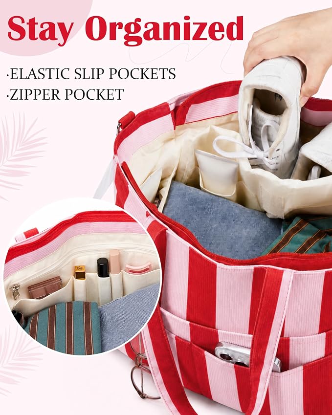 Kacctyen Striped Beach Tote Bag for Women Large Beach Foldable Tote Bag with Zipper Pockets for Travel Pool - Image 3