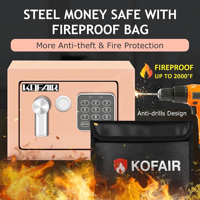 KOFAIR Safe Box for Home Safe (0.23 Cubic Feet) with Fireproof Bag, Personal Money Safey for Cash Saving, Mini Safey with Key, Digital Safety Box with Light, Money Lock Box (Gold Khaki) - Image 2