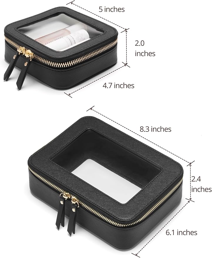 Clear Makeup Bag with Zipper, Set of 2, Mini and Medium, Black | Clear Travel Bags for Toiletries, Structured Cosmetic Case for Women, Waterproof PU Leather, Wide Open Portable Car Organier - Image 2