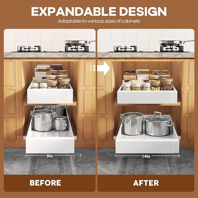 Seinloes 4 Pack Expandable Pull Out Cabinet Organizer 21" Deep with Raising Pad for Framed Cabinets,Upgrade 3 Slide Rails Slide Out Drawers,Roll Out Shelves Adhesive,Adjustable Width 9"-14.1" White - Image 3