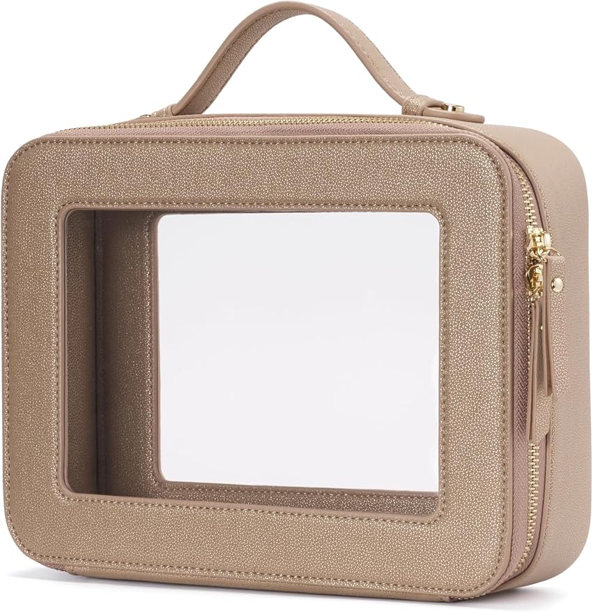 Clear Makeup Bag Travel Cosmetic Case Transparent Toiletry Bag with Zipper, Portable Make Up Organizer Traveling Compact Car Bag for Essentials, Gold, Large by POPVIBE