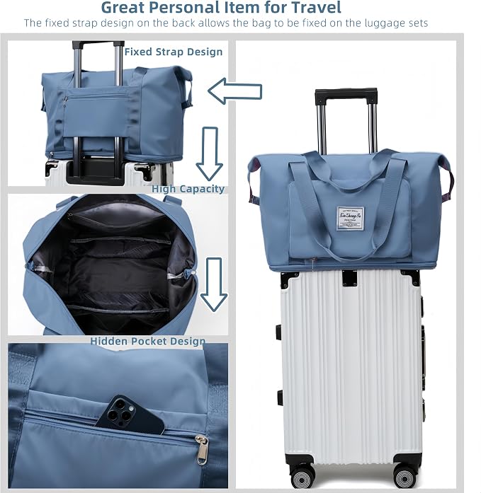 Large Capacity Foldable Travel Bag, Expandable lightweight Carry on Bag, Dry with Wet Separation Spor Duffel Bags (Blue) - Image 3