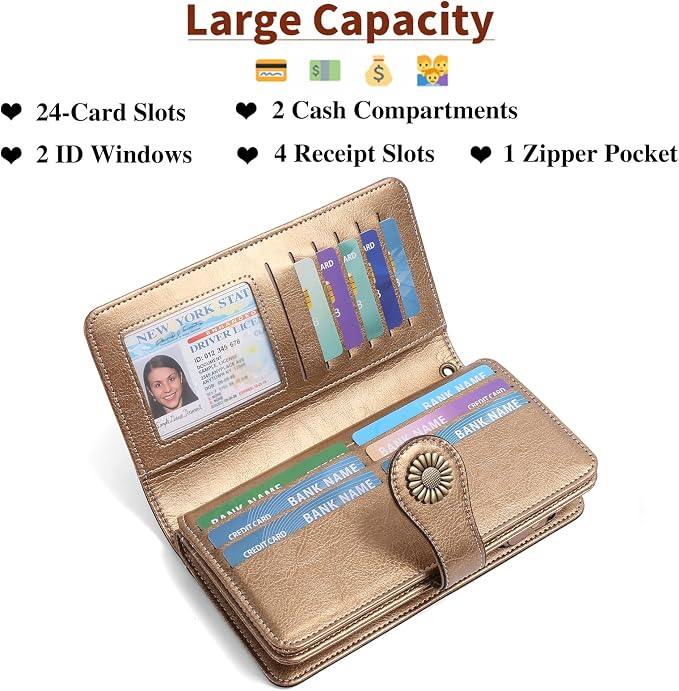 SENDEFN Wallets for Women Leather Credit Card Holder with RFID Blocking Large Capacity Wristlet | with RFID Blocking - Image 4