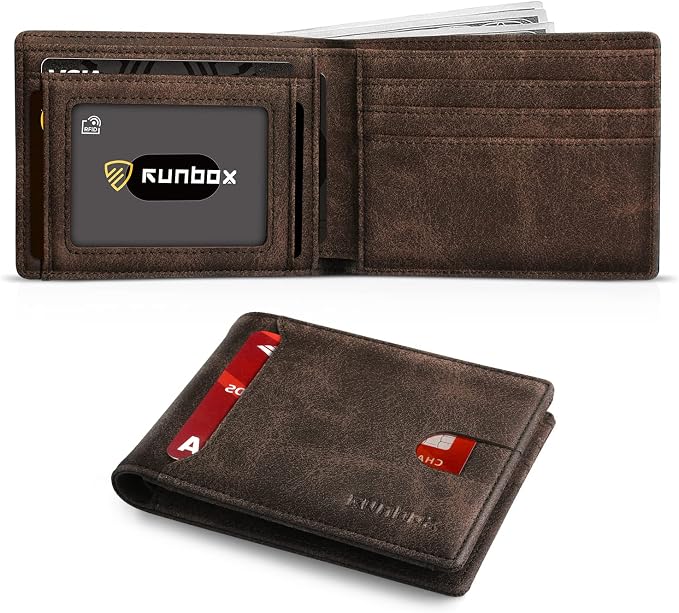 RUNBOX Wallet for Men, Slim Leather Bifold, RFID Blocking Card Holder | Minimalist Front Pocket Design, Credit Card Organizer, Holds 11 Cards, Large Capacity, Thin Profile, Birthday Gifts for Men by RUNBOX