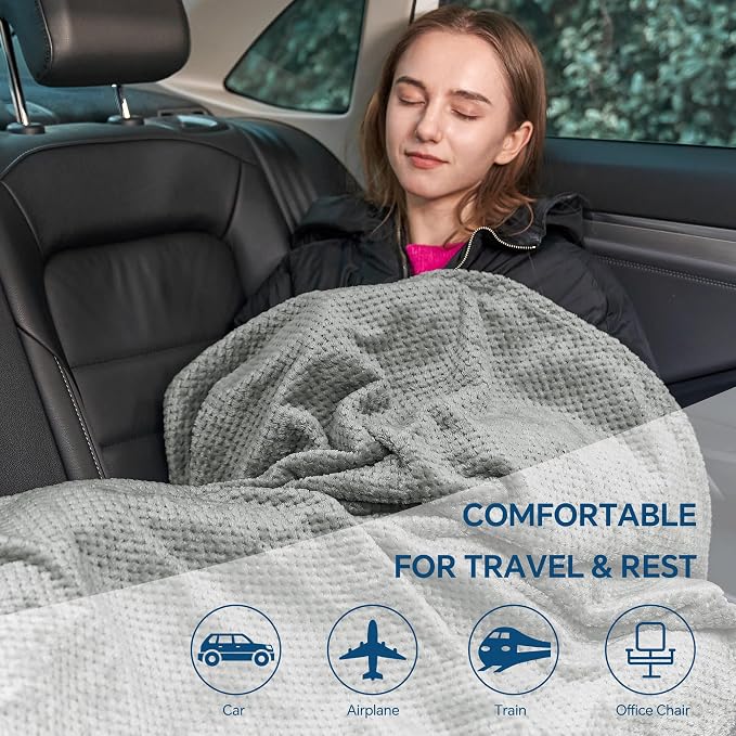 BEDELITE Travel Blanket with Bag, Jacquard Fleece Blanket 65"x40", Grey | Ultra-soft Airplane Blanket, Luggage Sleeve & Backpack Clip, Travel Essentials for Women, Foldable as Pillow for Long Flight - Image 7