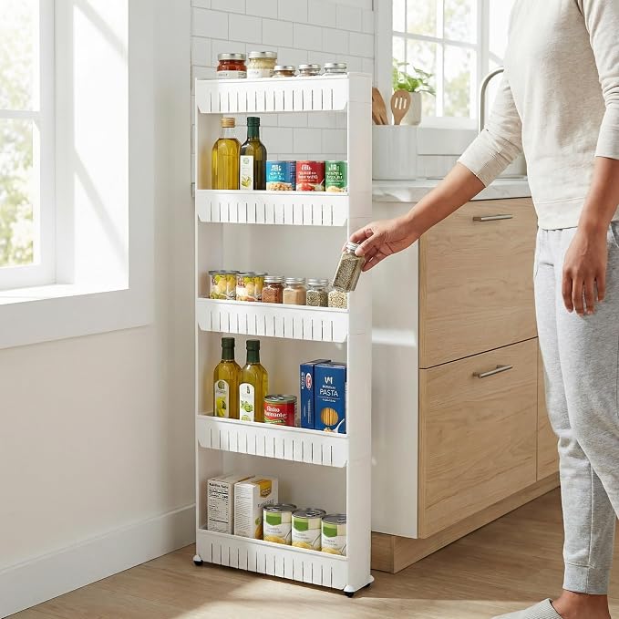 Lavish Home Slim Rolling Storage Cart, White, 21.5” x 5” x 52” - Image 2