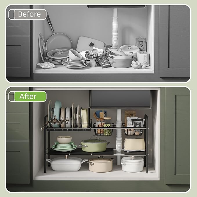 Expandable Under Sink Organizer，Pot and pan Organizer Under Cabinet | Pan Lid Organizer,Expandable Storage shelf with Pan Rack（7 Dividers）,2 Baskets and 4 Panels,Adjustable partition height - Image 6
