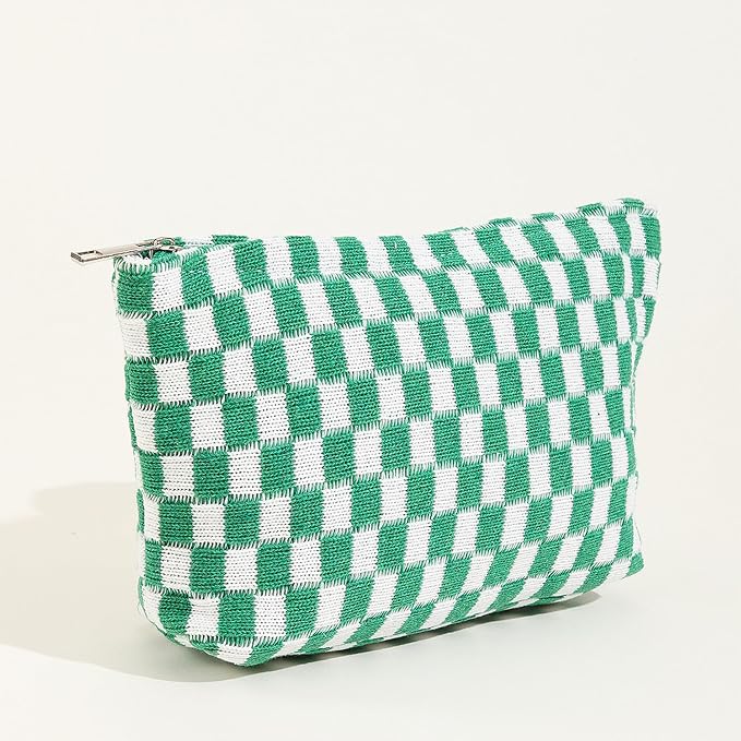 Cosmetic Bags for Women - Corduroy Cosmetic Bag Aesthetic Women Handbags Purses Smile Dots Makeup Organizer Storage Makeup Bag Girls Case Bags (Q-Checkered green) - Image 2