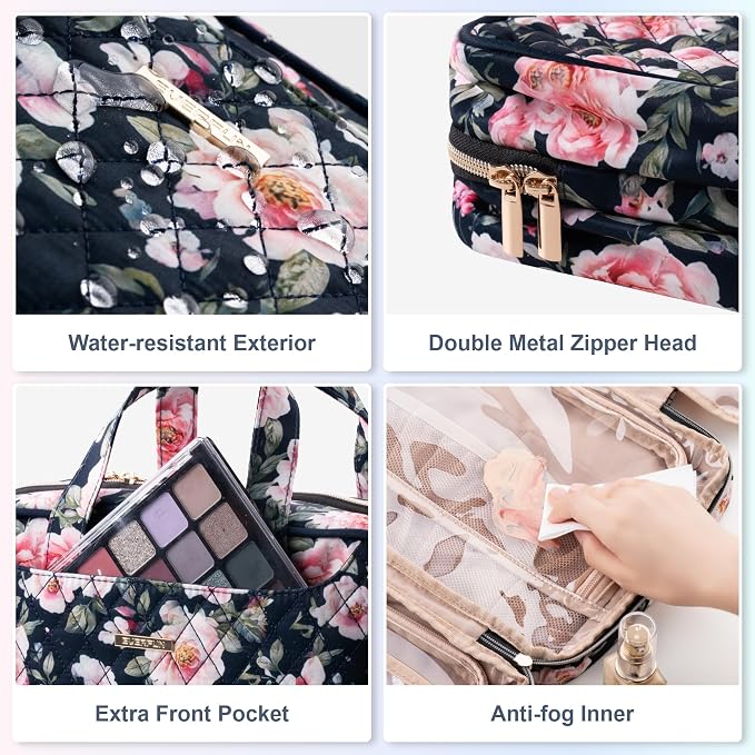 Everfun Travel Toiletry Bag with Hanging Hook and Leakproof Wet/Dry Compartments, Large Capacity Makeup Cosmetic Organizer for Women, 12x9x4.5 Inch, Black Floral - Image 7