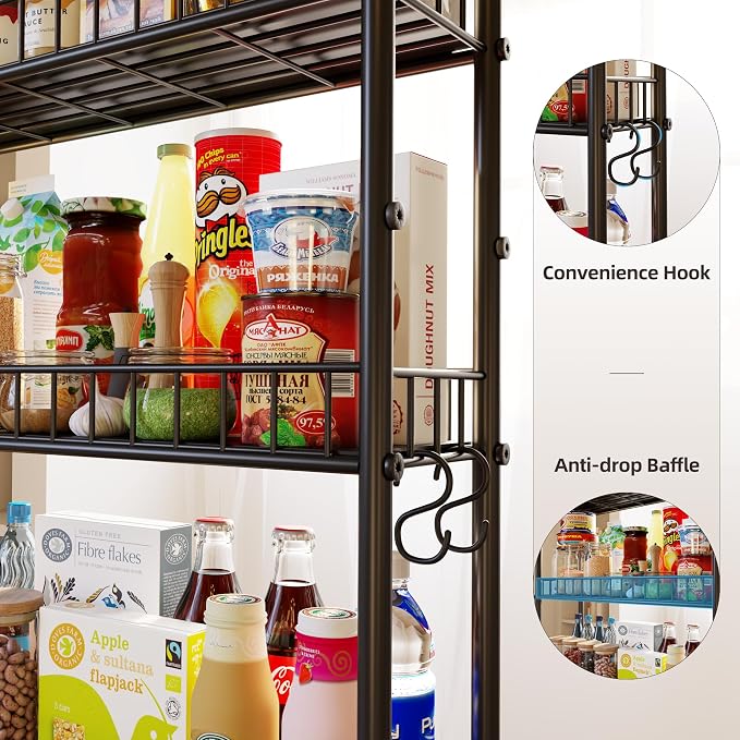 6-Tier Slim Storage Cart, Rolling Kitchen Cart with Wheels | Narrow Metal Shelf Organizer with Hooks for Kitchen, Bathroom, Living Room, Laundry, Small Spaces, Black, 6 in - Image 3