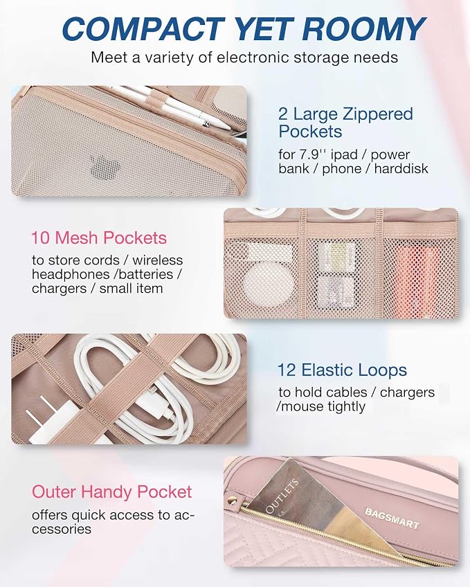 BAGSMART Electronic Organizer Case - Double Layer Cord and Tech Travel Organizer Bag for Charging Cables, Pink - Image 3
