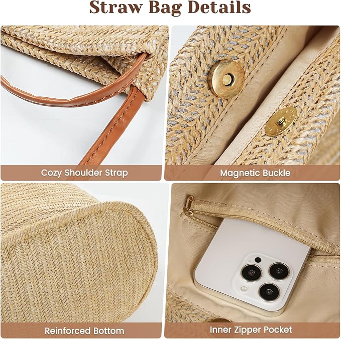 Tavaleu Straw Beach Bags for Women Tote Handbag Shoulder Hobo Bucket Bag | Lightweight, Foldable, PU Straps, Magnetic Closure, Zip Pocket, Reinforced Bottom, Summer Purse, Travel, Vacation, Daily Use - Image 5