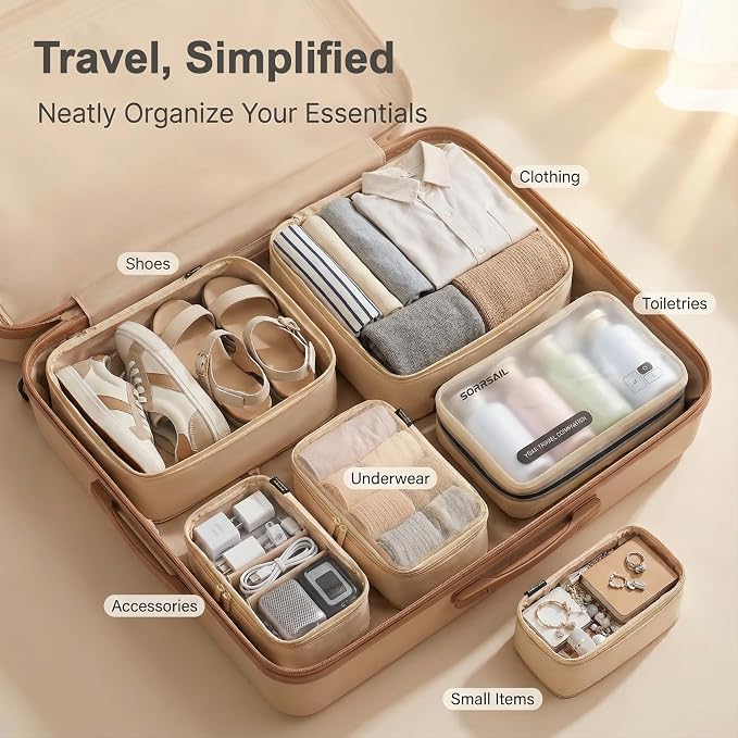 6 Set Compression Packing Cubes for 7–14 Day Travel, Mist Khaki | Nylon Oxford Fabric, Full Breathable Mesh, Reinforced Double-Zipper, Small to Large Size Bag, Expandable Packing System - Image 3