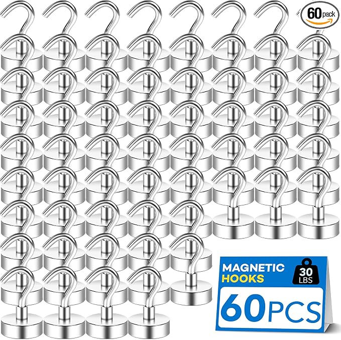 LOVIMAG Magnetic Hooks, Cruise Essentials 2026, 60 Pack-30LBS | Heavy Duty Strong Magnet Hook for Cruise Cabin, Refrigerator Fridge, Ship, Classroom, Kitchen Grills, Silver by LOVIMAG