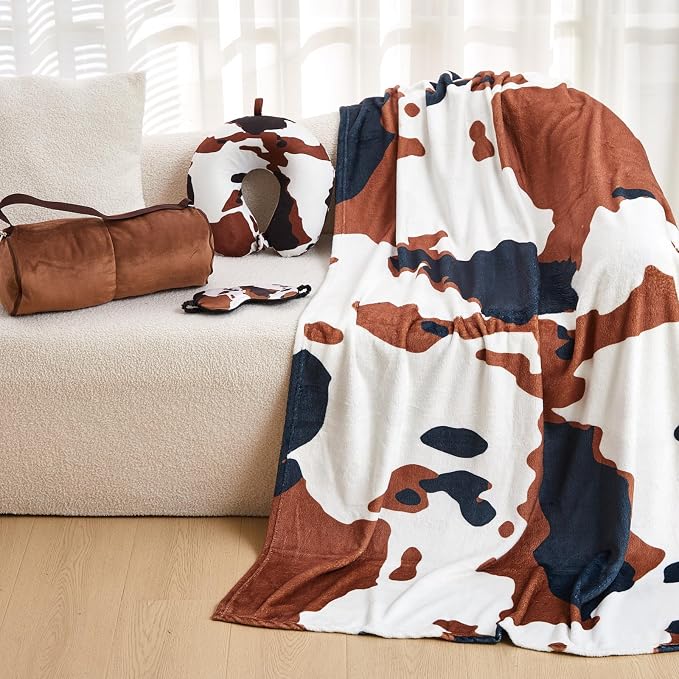 HunnmingRe 5 Pcs Travel Pillow and Blanket Set, 5 in 1 Travel Airplane Compact Includes 40 x 60 Inch Throw Blanket Eye Mask Neck Pillow Earplug and Bag Gifts for Travelers Women(Cow Print,Brown) - Image 6