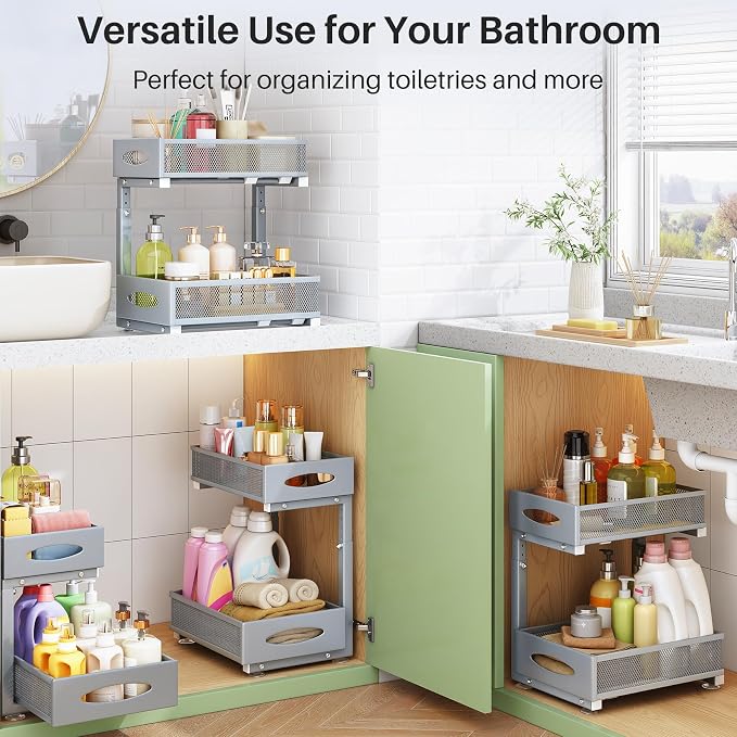 2 Pack Under Sink Organizer, 2 Tier Pull out Cabinet Organizer Mesh Baskets with 5 Adjustable Heights, Sliding Drawers Storage Shelf for Home, Kitchen, Bathroom, Pantry, Office, Countertop ,Grey - Image 9