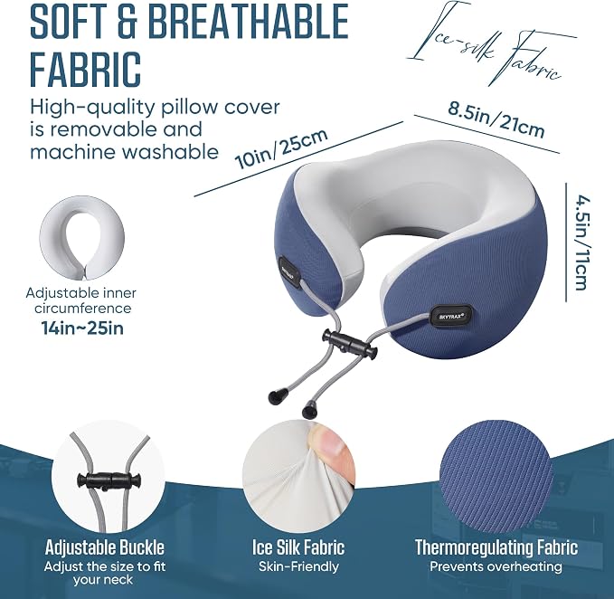 SKYTRAX COMF® Premium Ergonomic Memory Foam Travel Neck Pillow, Washable Cooling Ice Silk Cover, Firm Neck Support for Airplane Long Flights & Pain Relief, with Portable Carry Case (Navy Blue) - Image 5