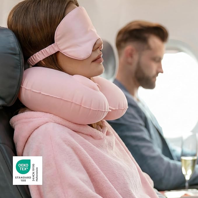 Bedsure Travel Blanket Set with Inflatable Neck Pillow and Eye Mask - Lightweight 3-in-1 Airplane Packable Blanket, Compact Travel Essentials, Pink - Image 4