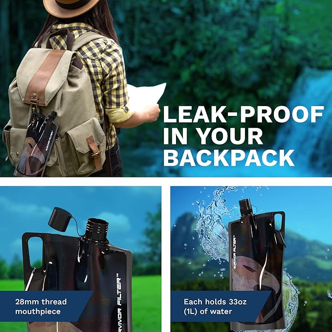 Survivor Filter Clear Collapsible Water Bottles - Travel, Hiking, Foldable, BPA-Free - 2 x - Image 2