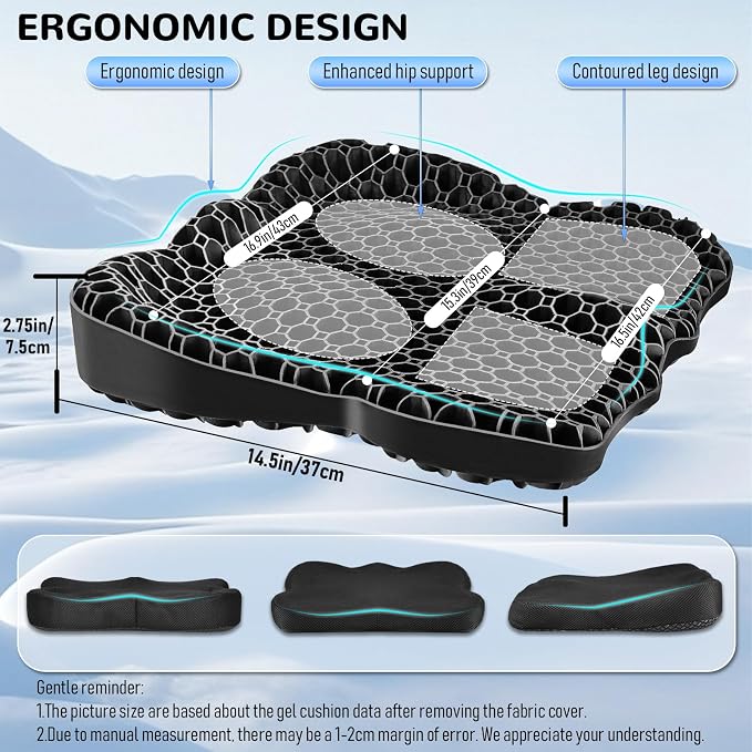 Gel Seat Cushion, Thickened Big Breathable Honeycomb Design Absorbs Pressure Points Gel Cushion with Anti-Slip Cover Seat Cushion for Office Chair Home Car Seat Cushion for Wheelchair - Image 2