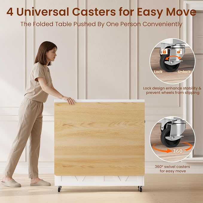 Jocoevol Folding Dining Table for Small Spaces, Foldable Kitchen Table with Drawer, 2-Tier Storage Shelf & Wheels, Space Saving Dining Table for 2 4, Farmhouse, (Natural 47.2" x 23.6" x 29.5") - Image 8