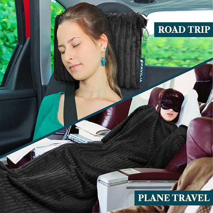PAVILIA Travel Blanket Pillow, Soft Ribbed Fleece Airplane Blanket, Black | 65x40, Compact Packable Plane Throw with Bag, Luggage Strap and Back Pocket, Cozy Flight Essentials Travelers Camping Gift - Image 7