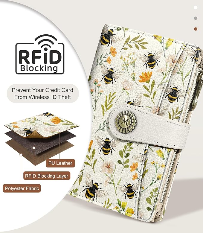 Bees Wallet Women RFID Bifold, Passport Holder, Credit Card Holder | 6.7" x 4.4" x 1.3" Travel billfold, Zipper Coin Pocket, PU Leather Clutch, Purse, ID Window, Pen Holder, Gift for Ladies Girl - Image 4