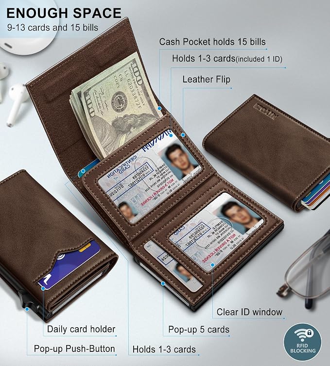 Wallet for Men,with Cash Pocket 2 ID Window 9-13 Cards,Metal Case Smart Slim Pop Up Credit Card Holder Flip with Magnetic Closure RFID Blocking Trifold wallet with Gift Box - Image 2