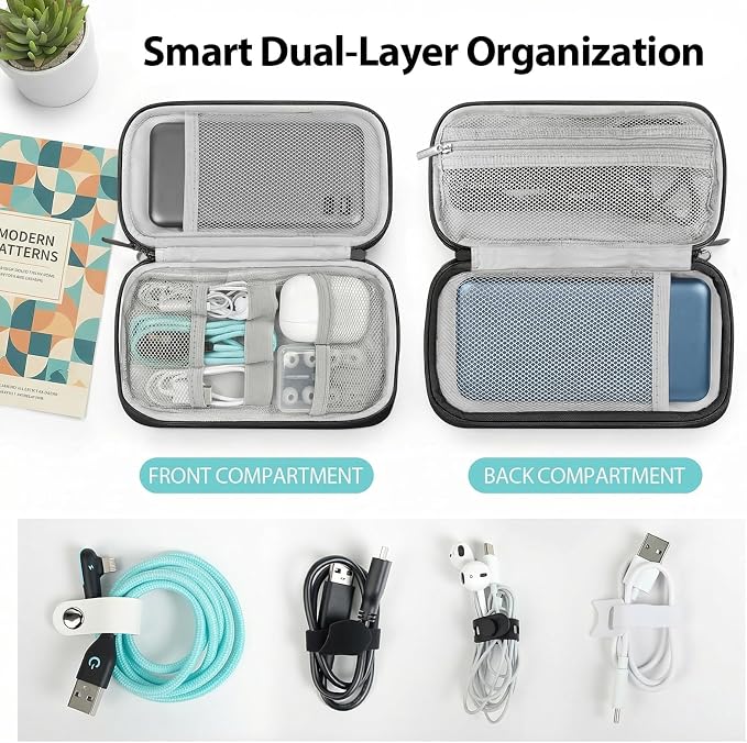 Double Layer Cable Organizer Bag Water-Resistant Tech Pouch Black | Padded Oxford fabric construction with 8 compartments and elastic loops to securely store chargers, power banks and cords. - Image 3