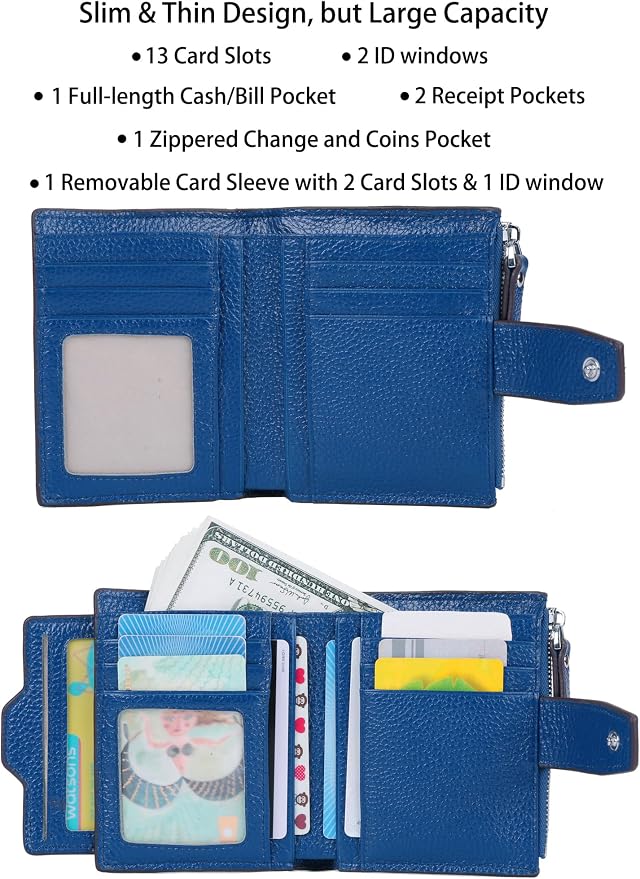 Women's RFID Blocking Leather Small Compact Bi-fold Zipper Pocket Wallet Card Case Purse with id Window - Image 2