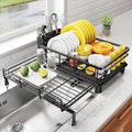 Expandable Dish Drying Rack for Kitchen Counter, Stainless Steel, Black | Foldable Over Sink, Large Capacity, Adjust to Fit Most Sinks, Angled Drainboard, Removable Utensil Holder, Slip Resistant by SNTD