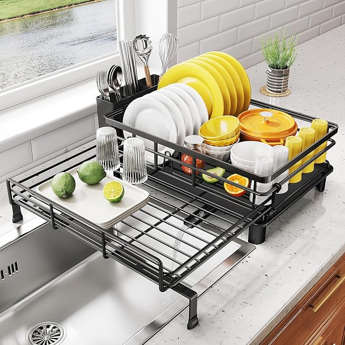 Expandable Dish Drying Rack for Kitchen Counter, Stainless Steel, Black | Foldable Over Sink, Large Capacity, Adjust to Fit Most Sinks, Angled Drainboard, Removable Utensil Holder, Slip Resistant by SNTD