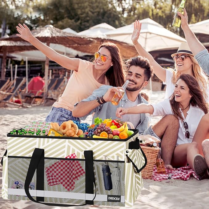 Extra Large Utility Tote Bag with Reflective Strip, Standing Reusable Grocery Bags with Hard Bottom, Collapsible Utility Tote with Handles for Shopping, Beach, Picnics, Car, Striped Gray - Image 2